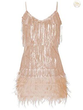 1920s Sequin Cocktail Dress Flapper Fringe Mini Feather Gatsby Party Dress